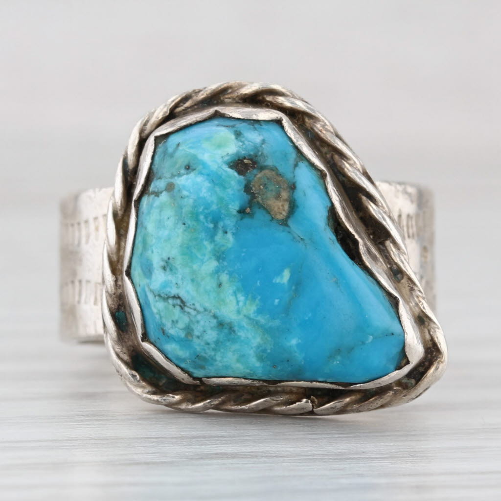 Turquoise Cabochon Ring Sterling Silver Vintage Native American Signed Sz 8