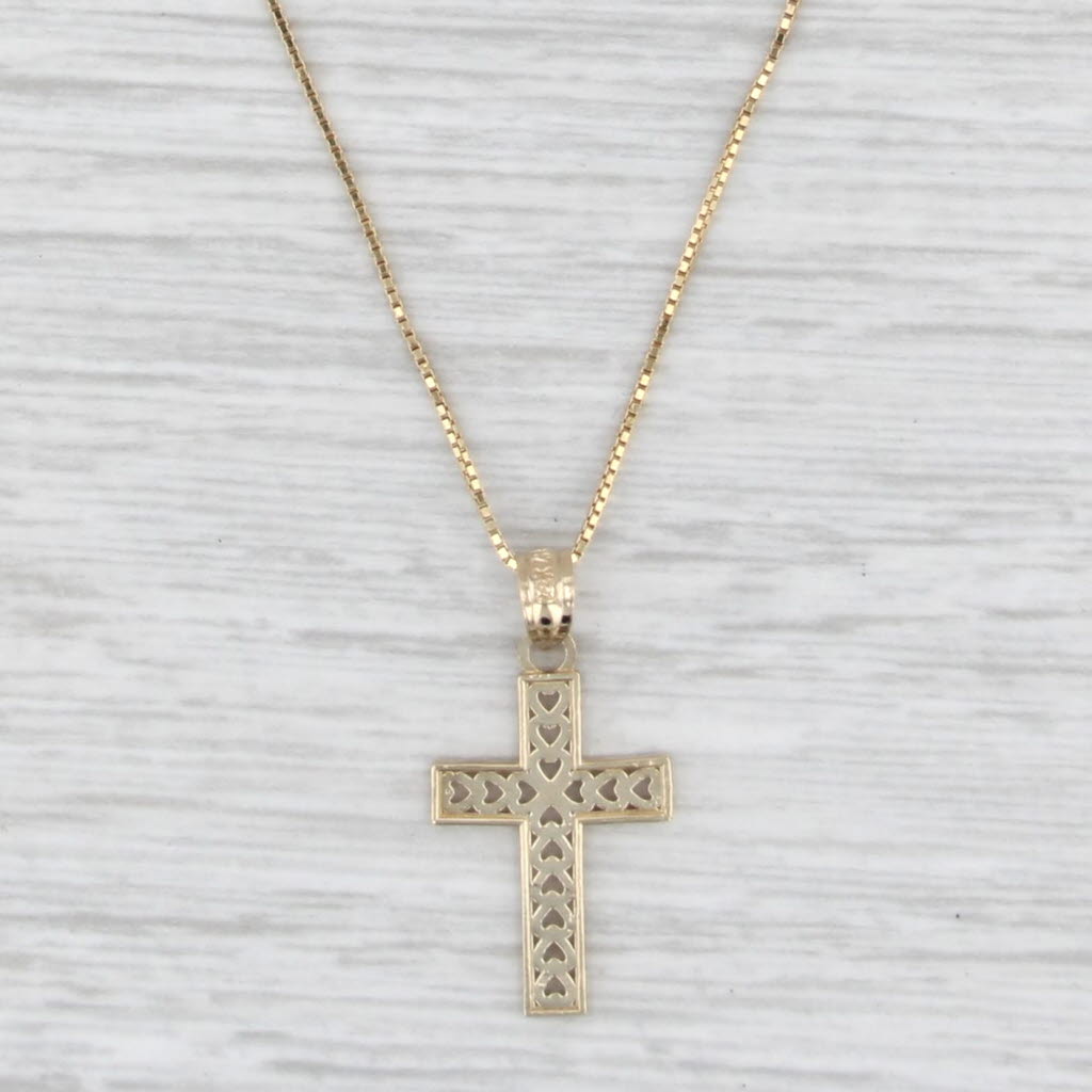 Filigree Hearts Cross Pendant 14k Yellow Gold 16" Box Chain