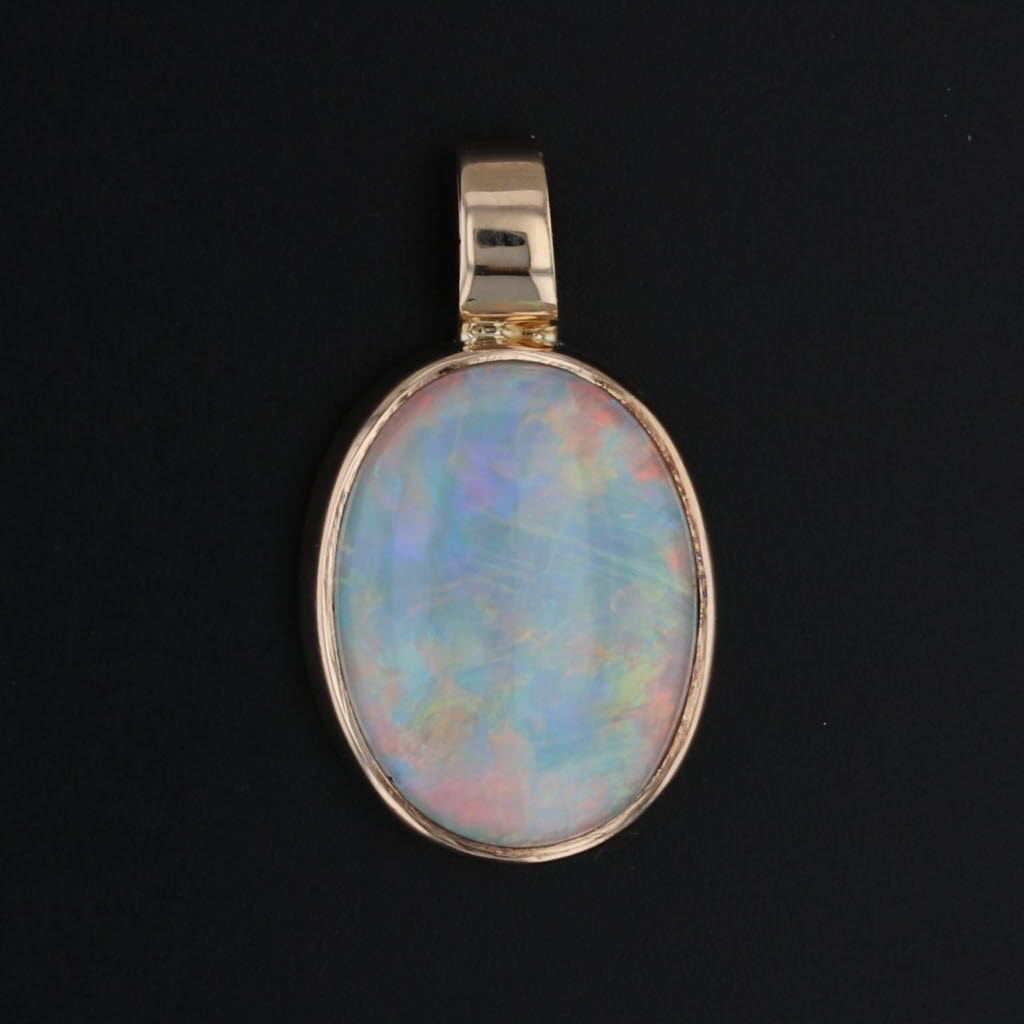 Colorful Opal Pendant 14k Yellow Gold Oval Cabochon Solitaire