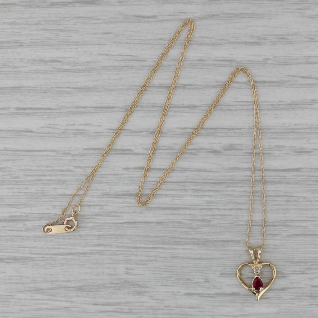 0.13ct Ruby Open Heart Pendant Necklace 10k Yellow Gold 18" Rope Chain
