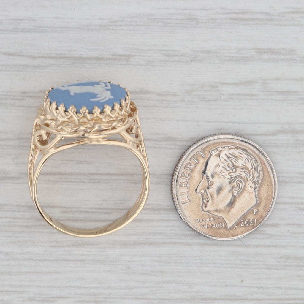 Gray Blue & White Wedgewood Ram Cameo Ring 14k Yellow Gold Size 7.75