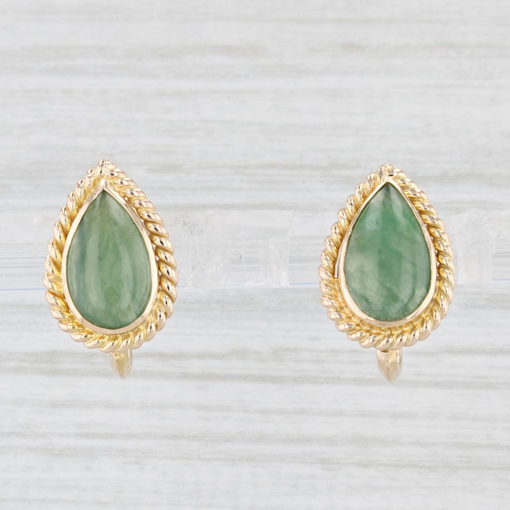 Light Gray Jadeite Jade Pear Cabochon Earrings 14k Yellow Gold Screw Back Non Pierced