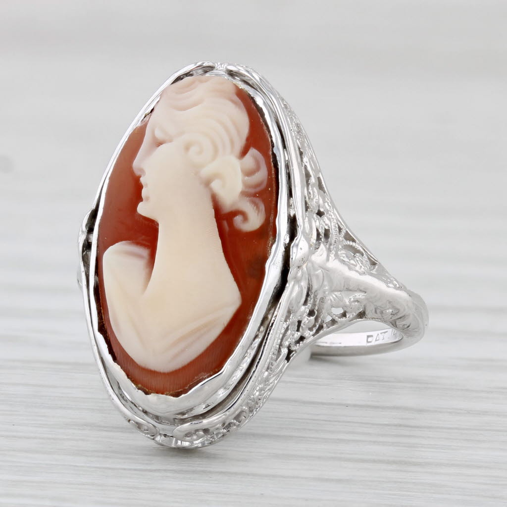 Light Gray Vintage Filigree Cameo Onyx Flip Ring 14k White Gold Size 6 Carved Shell Onyx