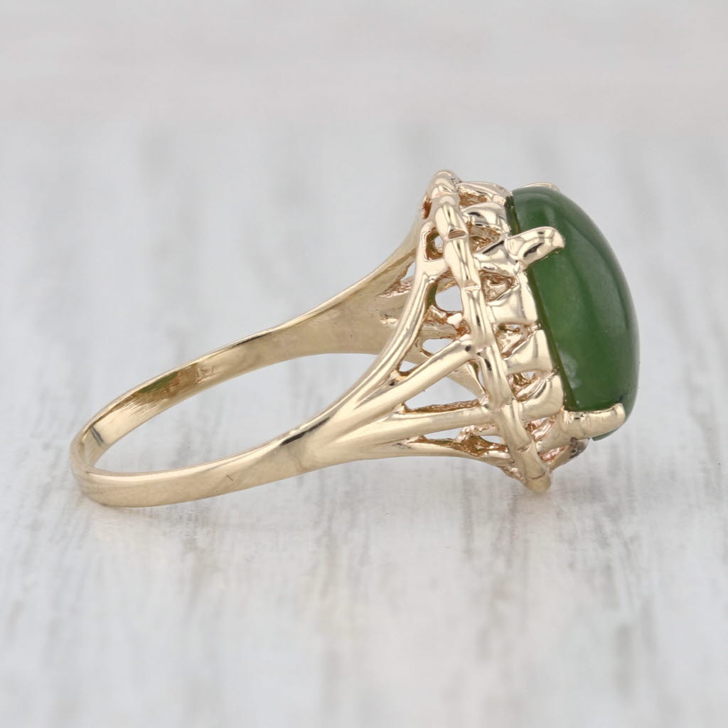 Green Nephrite Jade Oval Cabochon Solitaire Ring 10k Yellow Gold Size 7.25