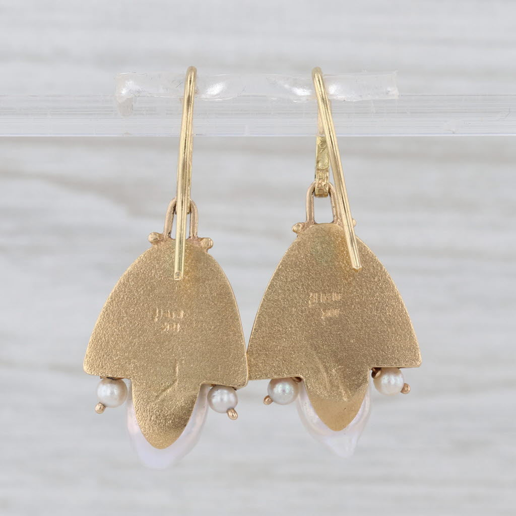 Cultured Baroque Pearl Diamond Dangle Earrings Artisan Signed Hook Posts
