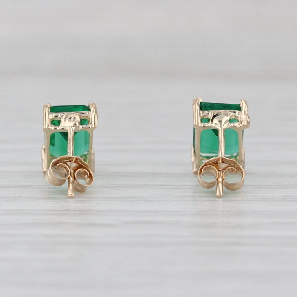 Green Glass Stud Earrings 14k Yellow Gold Emerald Cut Solitaire Studs