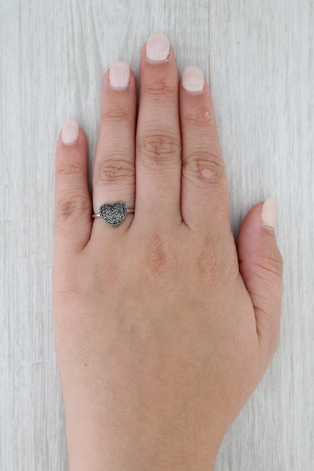Pave Blue Diamond Cluster Heart Ring Sterling Silver Size 7
