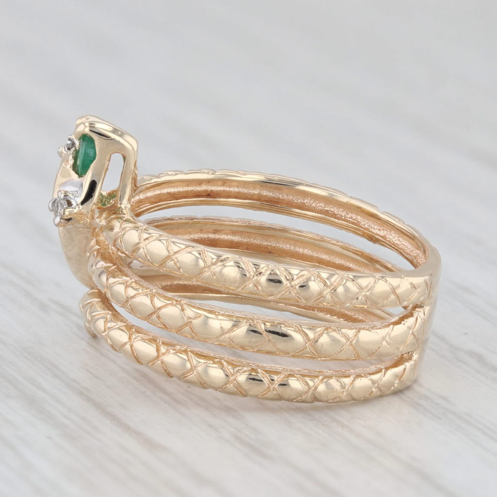 Light Gray Vintage Richard Klein Coiled Snake Ring Emerald Diamond 10k Yellow Gold Size 6