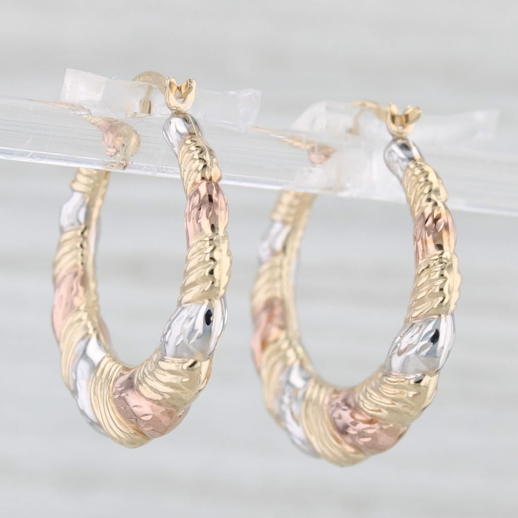 Light Gray New Tri-Toned Twist Hoop Earrings 14k Yellow White Rose Gold Round Hoops