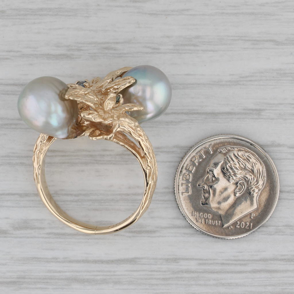 Gray Gray Baroque Pearl Sapphire Flower Ring 14k Yellow Gold Size 7.25 Cocktail