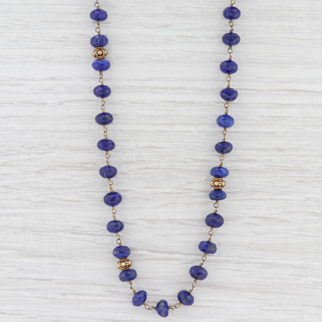 New Nina Wynn Blue Lapis Lazuli Bead Necklace Adjustable Sterling Gold Vermeil