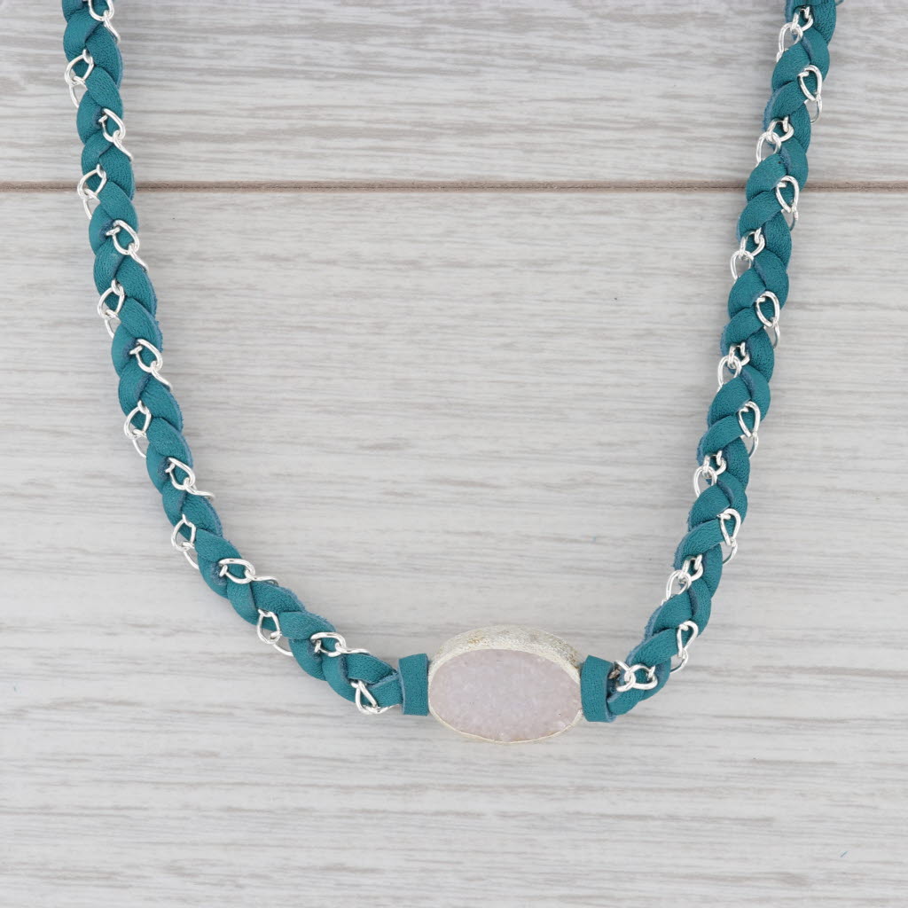 New Nina Wynn Cordelia Necklace Teal Leather White Druzy Quartz Pendant