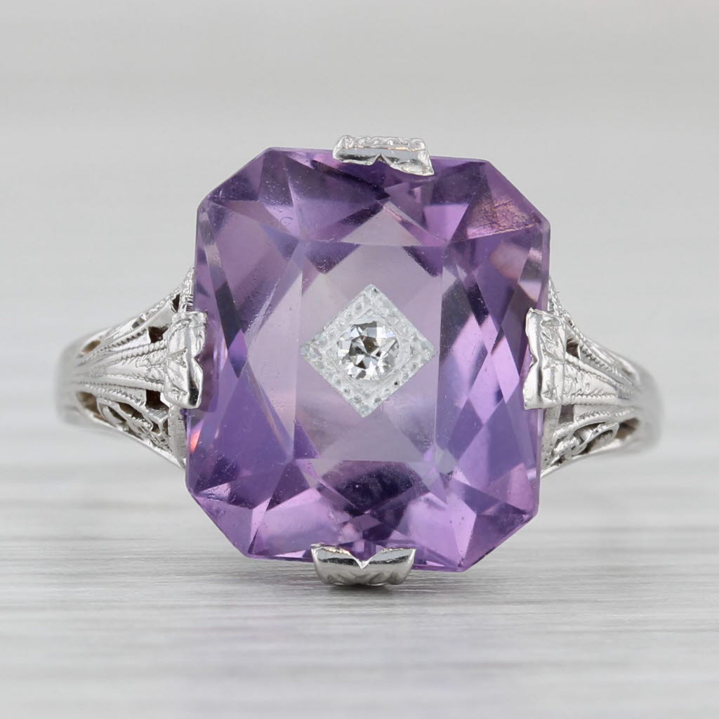 Gray Vintage 5.72ctw Amethyst Diamond Ring 18k White Gold Filigree Size 6.75