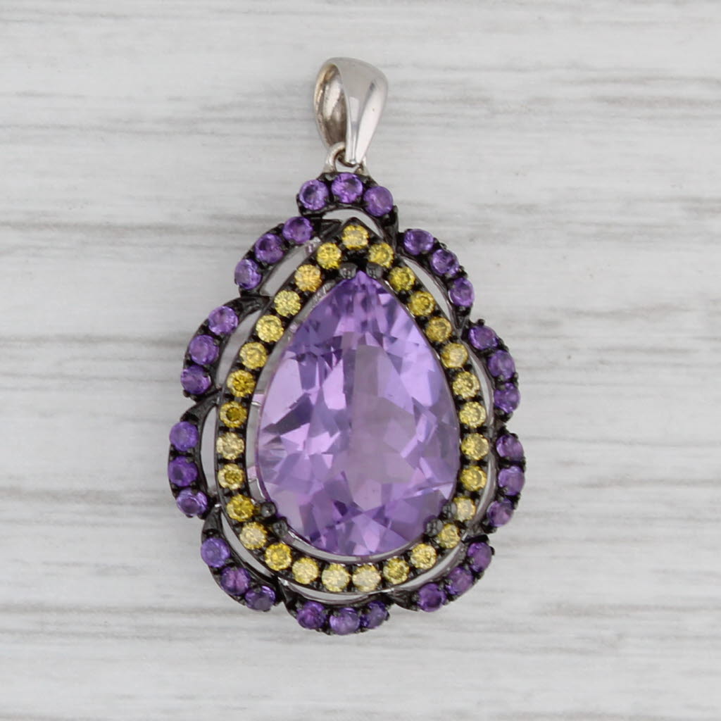 Gray 5.83ctw Amethyst Yellow Diamond Teardrop Pendant 14k White Gold