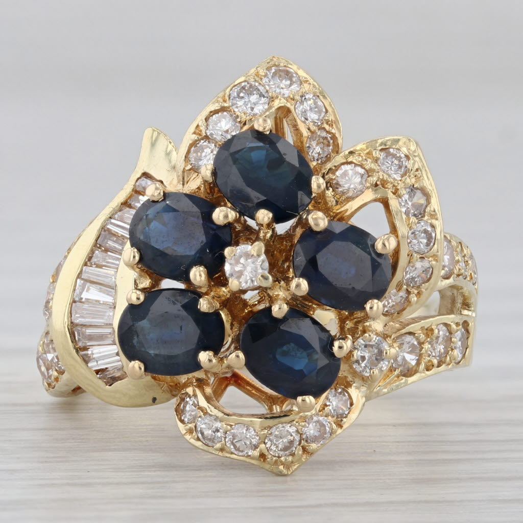 Gray 3.40ctw Blue Sapphire Diamond Flower Cocktail Ring 18k Yellow Gold Size 6.25