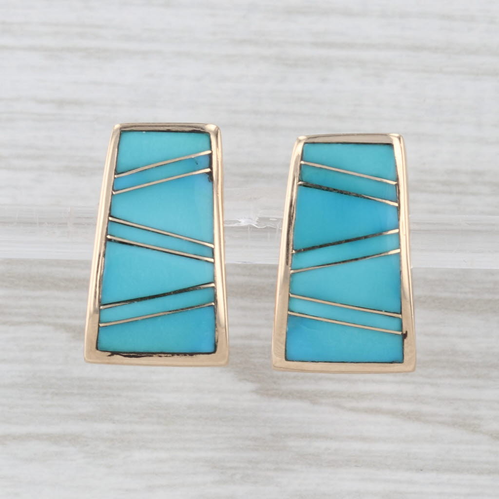 Turquoise Mosaic Earrings 14k Yellow Gold Artisan Signed
