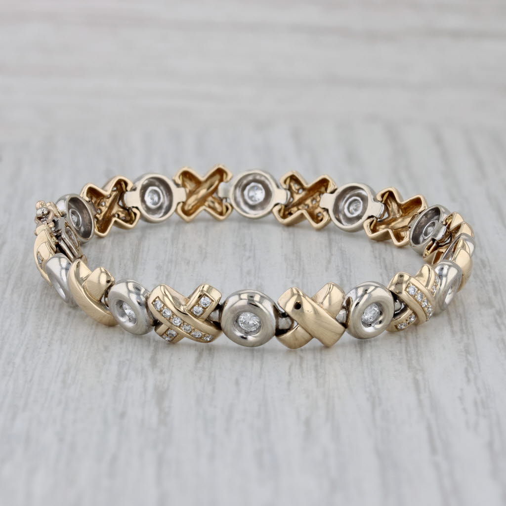 Gray 1.50ctw Diamond XO Pattern Bracelet 14k White Yellow Gold 7.25" 8mm