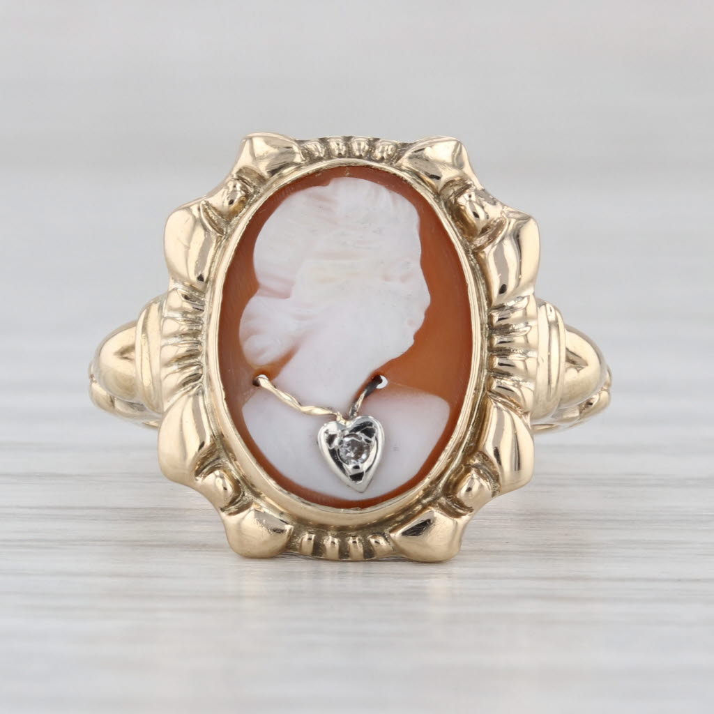 Vintage Shell Carved Cameo Ring 10k Yellow Gold Diamond Accent Size 6