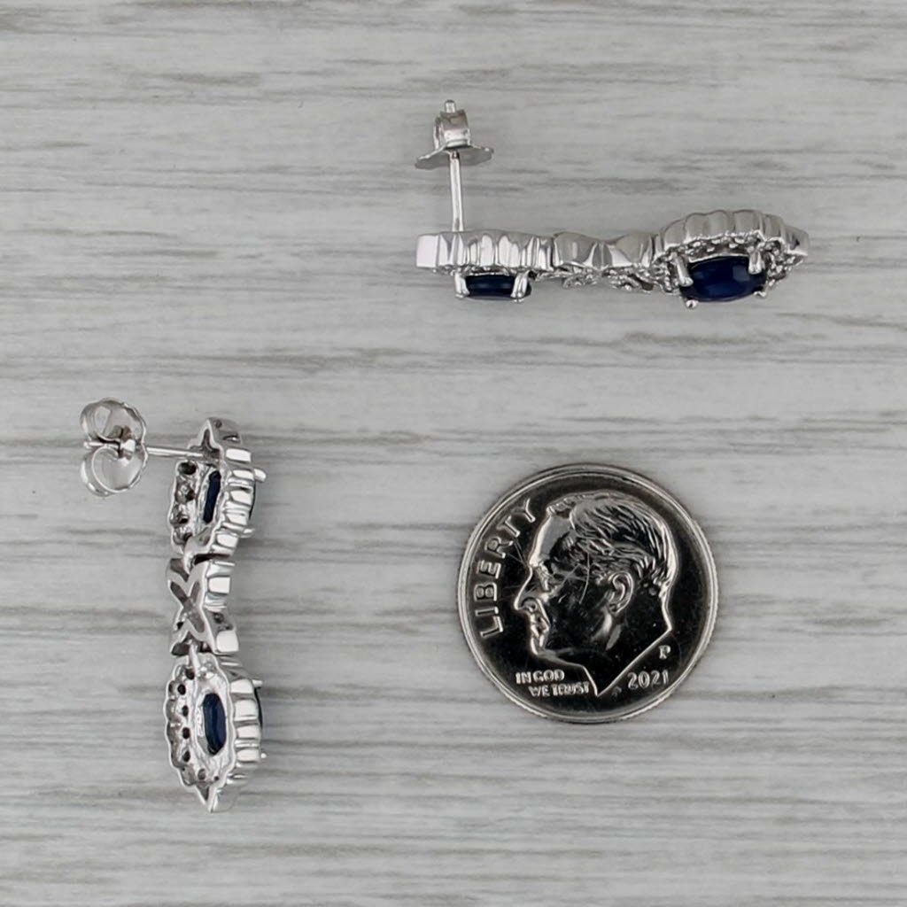 2.70ctw Blue Sapphire Diamond Halo Dangle Earrings 14k White Gold Drops
