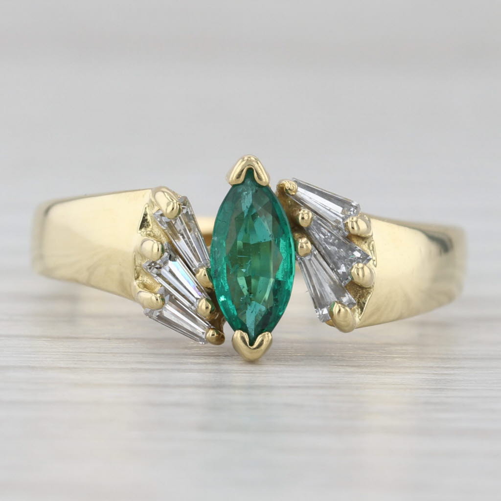 Light Gray Emerald Diamond Bypass Ring 18k Yellow Gold Size 8.75-9