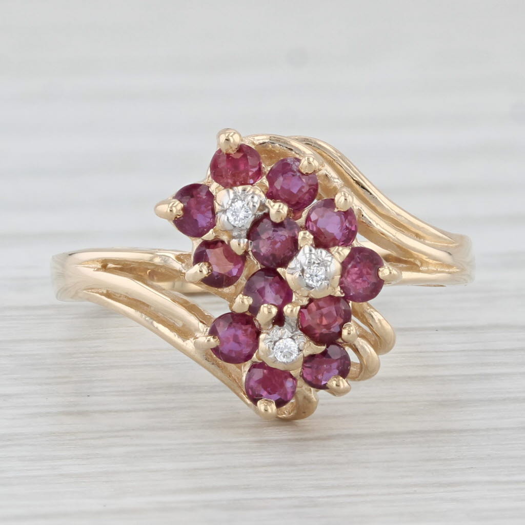 Light Gray 0.75ctw Ruby Cluster Diamond 14k Yellow Gold Size 5.75 Bypass