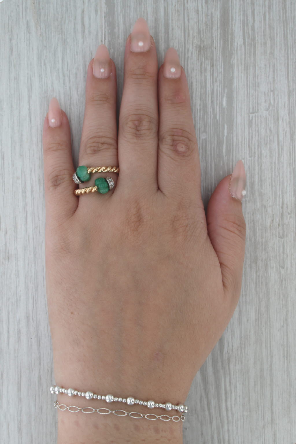 Emerald Bead Diamond Bypass Ring 14k Yellow Gold Size 7 Adjustable
