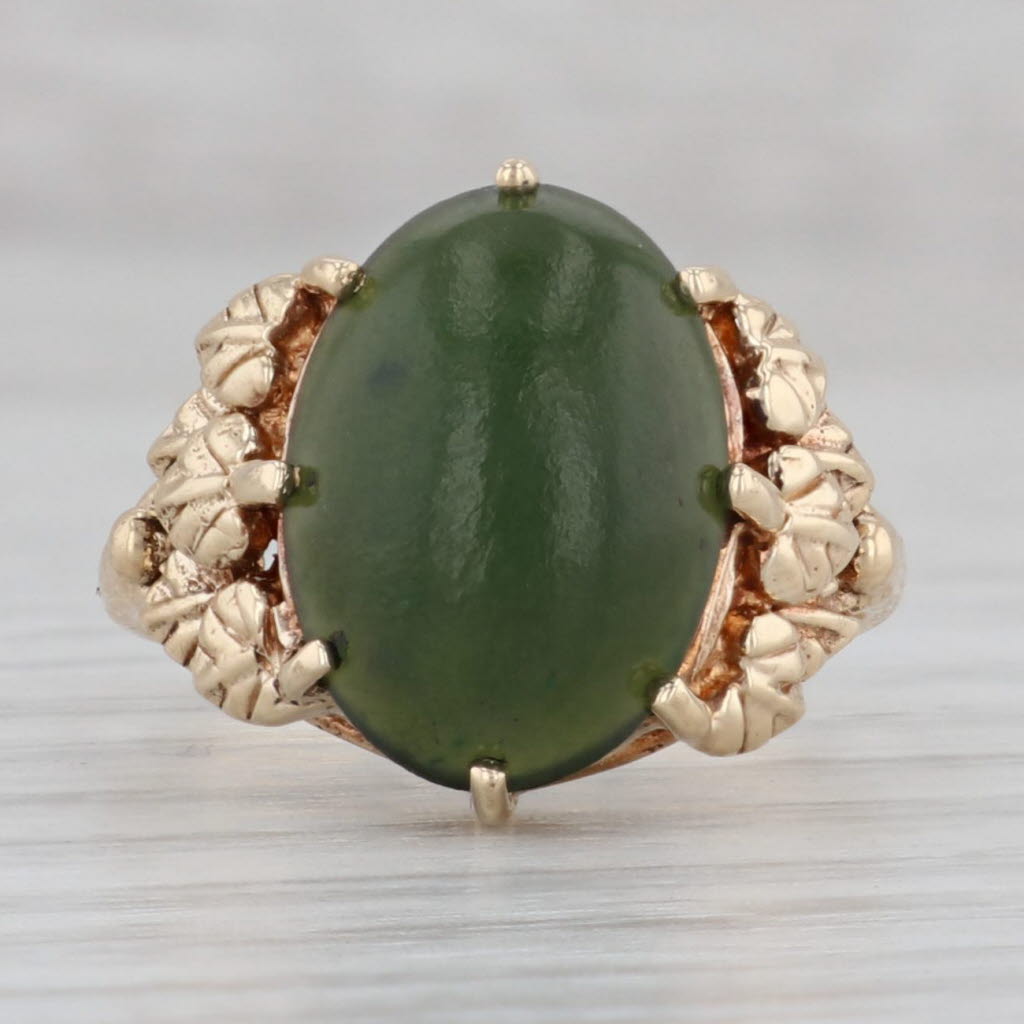 Gray Green Nephrite Jade Leaf Ring 10k Yellow Gold Size 6.5 Oval Cabochon Solitaire