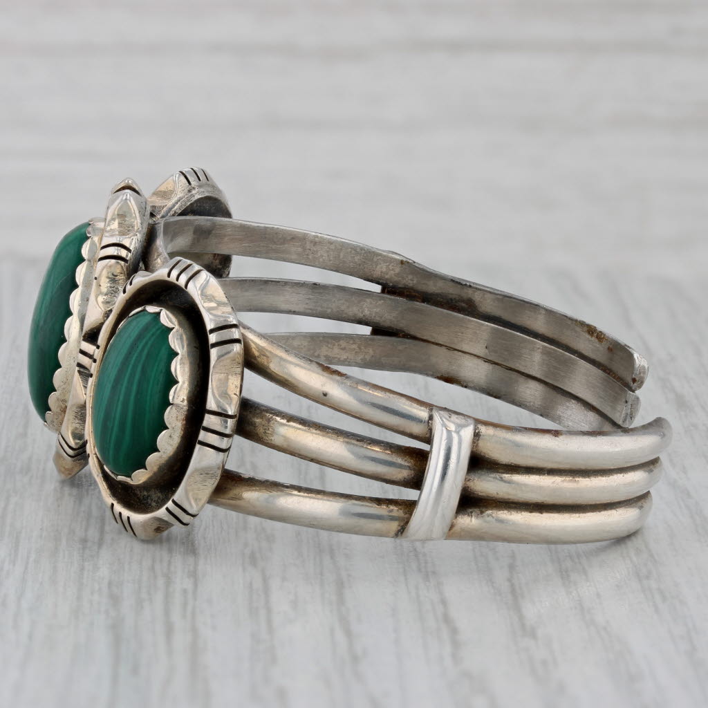 Gray Native American Green Malachite Cuff Bracelet Sterling Silver Vintage 3-Stone