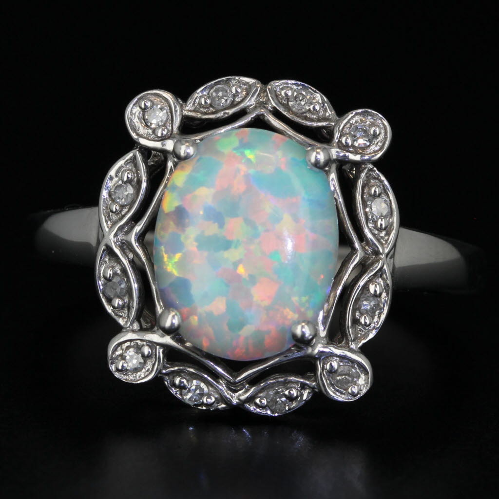 Gray Lab Created Opal Diamond Halo Ring 10k White Gold Size 7.25 Oval Cabochon