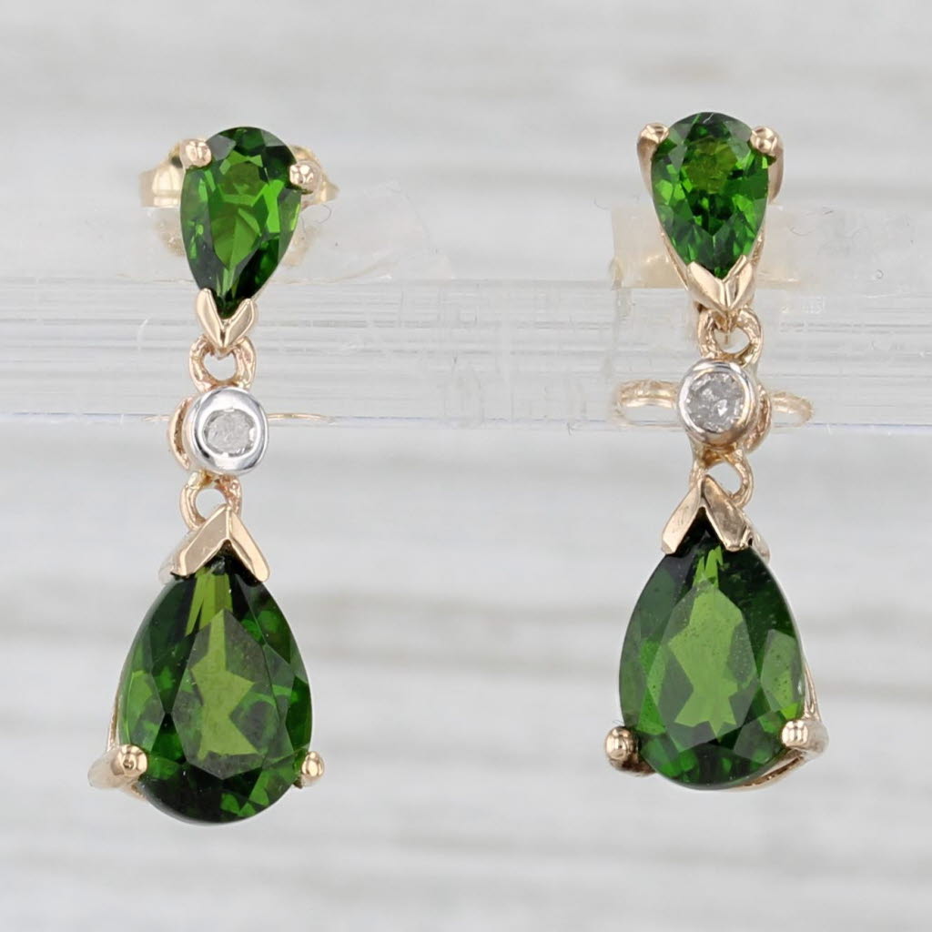 Light Gray 2.13ctw Green Chrome Diopside Teardrop Earrings 10k Yellow Gold Diamond Accented