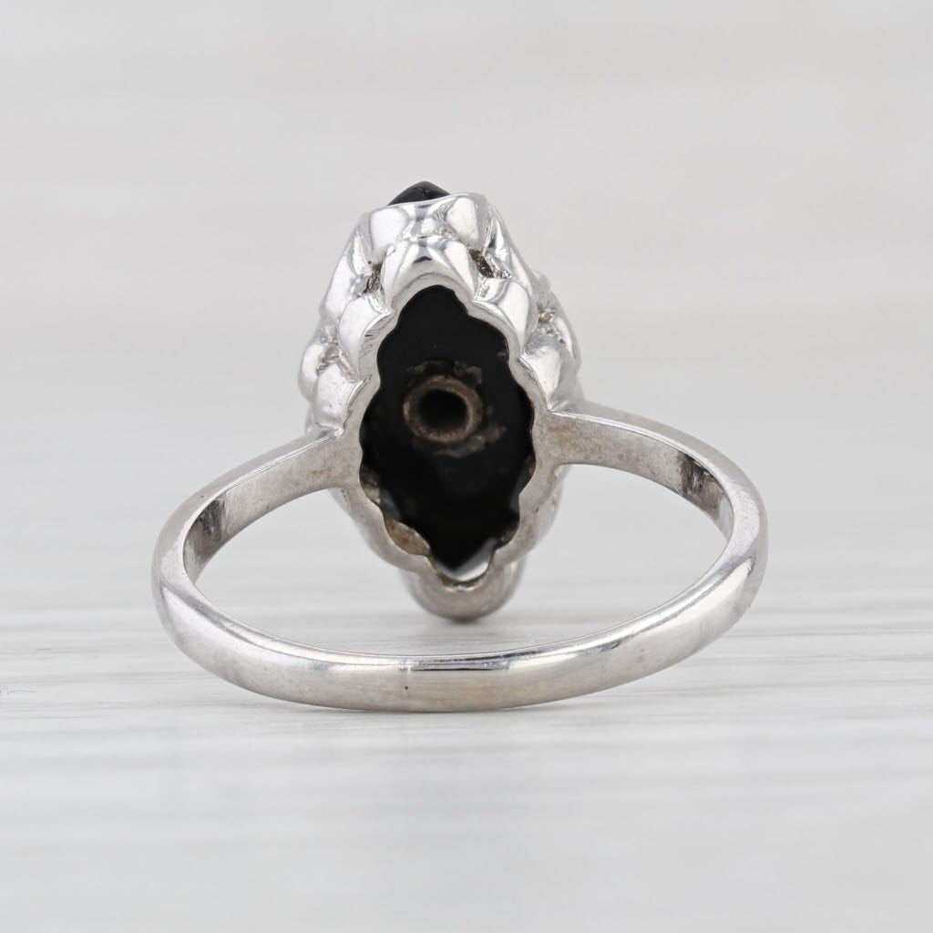 Vintage Navette Onyx Diamond Signet Ring 10k White Gold Size 7
