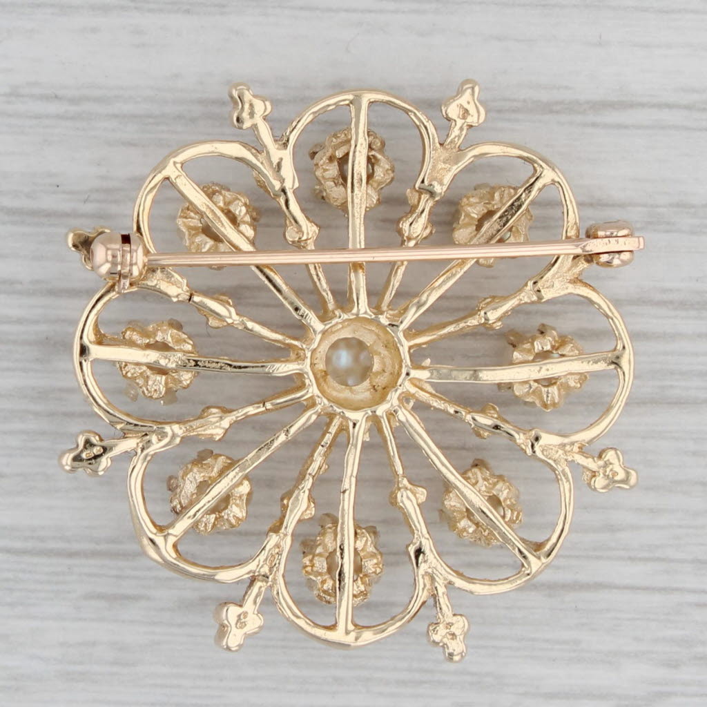 Gray Cultured Pearl Flower Pin 14k Yellow Gold Vintage Floral Statement Brooch