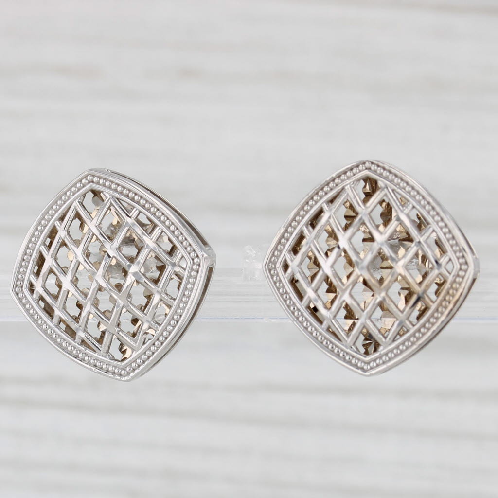 Light Gray Lattice Work Stud Earrings 14k White Gold Square Studs