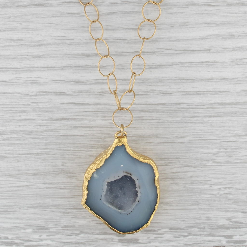New Nina Wynn Gray Geode Statement Pendant Necklace Sterling 22k Gold Vermeil