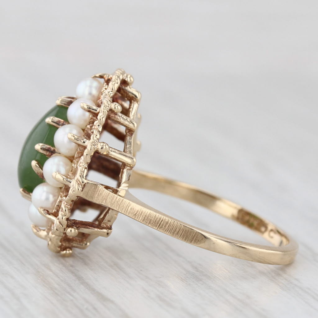 Light Gray Green Nephrite Jade Cultured Pearl Halo Teardrop Ring 10k Yellow Gold Size 6.25