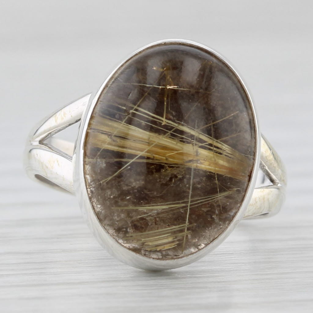 Light Gray Rutilated Quartz Oval Cabochon Solitaire Ring Sterling Silver Size 6.75-7