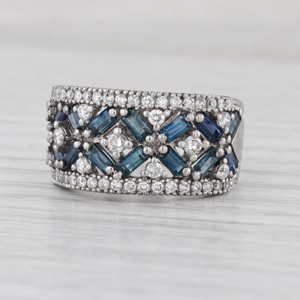 2.10ctw Blue Sapphire Diamond Ring 14k White Gold Size 8.5 Wide Band Cocktail
