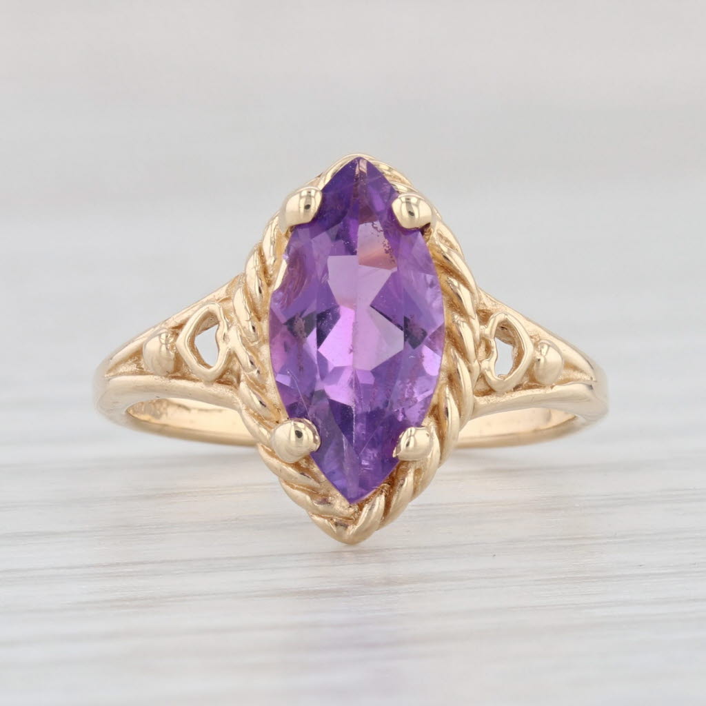 Light Gray 1.45ct Marquise Amethyst Solitaire Ring 10k Yellow Gold Size 5 Heart Accents