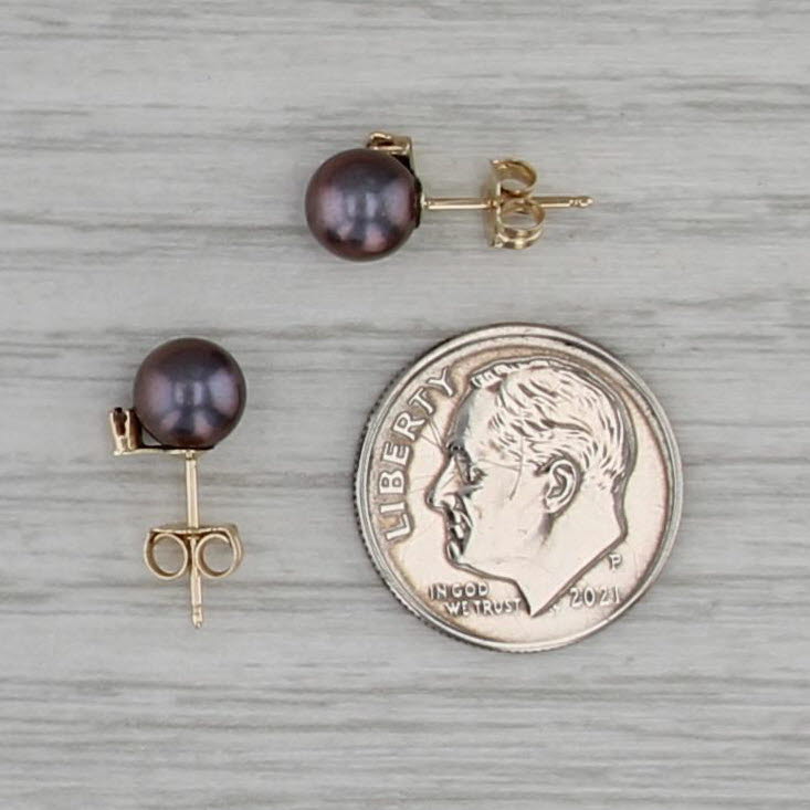 Black Cultured Pearl Stud Earrings 14k Yellow Gold Diamond Accents