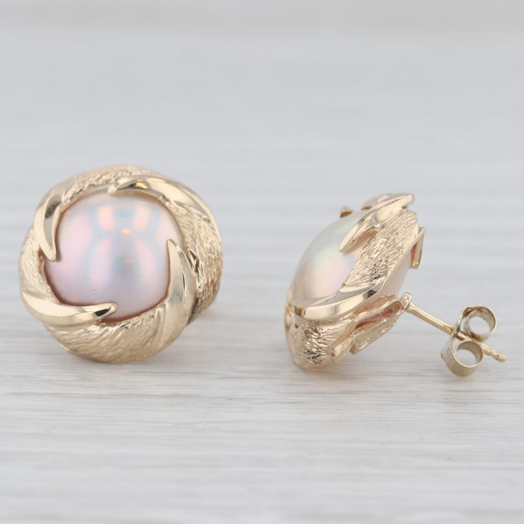 Light Gray Mabe Pearl Stud Earrings 14k Yellow Gold Cabochon Solitaires