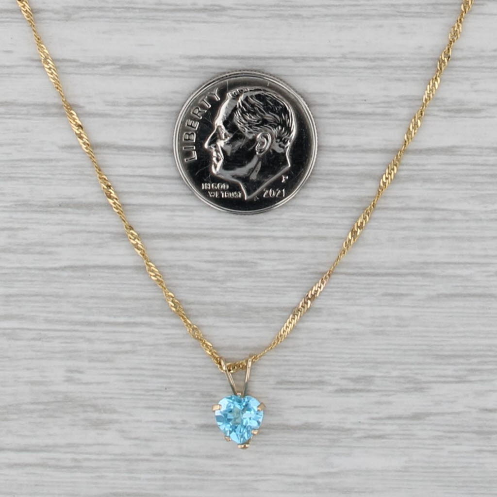 0.95ct Blue Topaz Heart Pendant Necklace 14k Yellow Gold 18" Singapore Chain