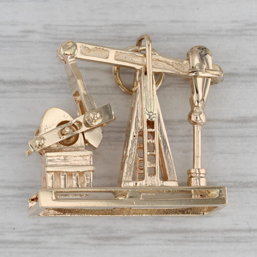 Dark Gray Oil Rig Charm 14k Yellow Gold Moving Parts Keepsake Souvenir Pendant