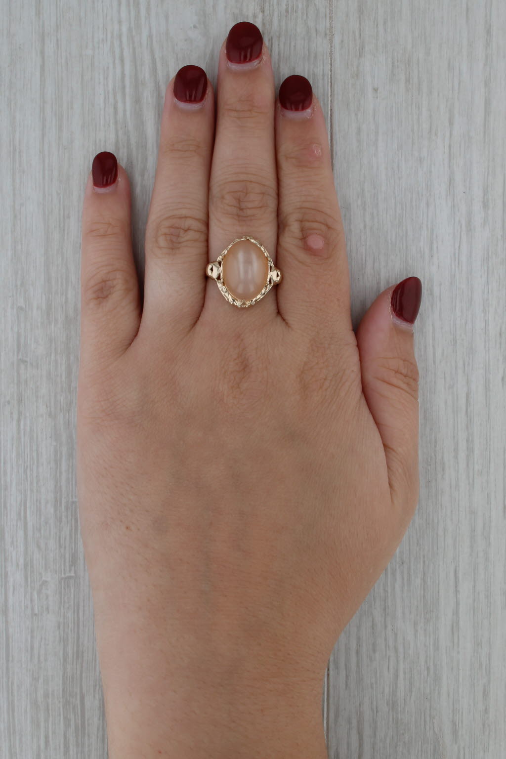 Peach Cat's Eye Moonstone Ring 10k Yellow Gold Size 9 Oval Cabochon
