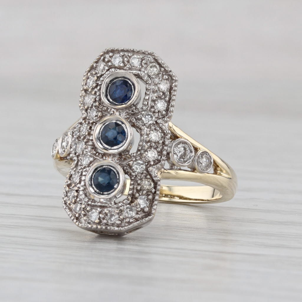0.61ctw 3-Stone Blue Sapphire Diamond Halo Ring 10k White Yellow Gold Size 6.75