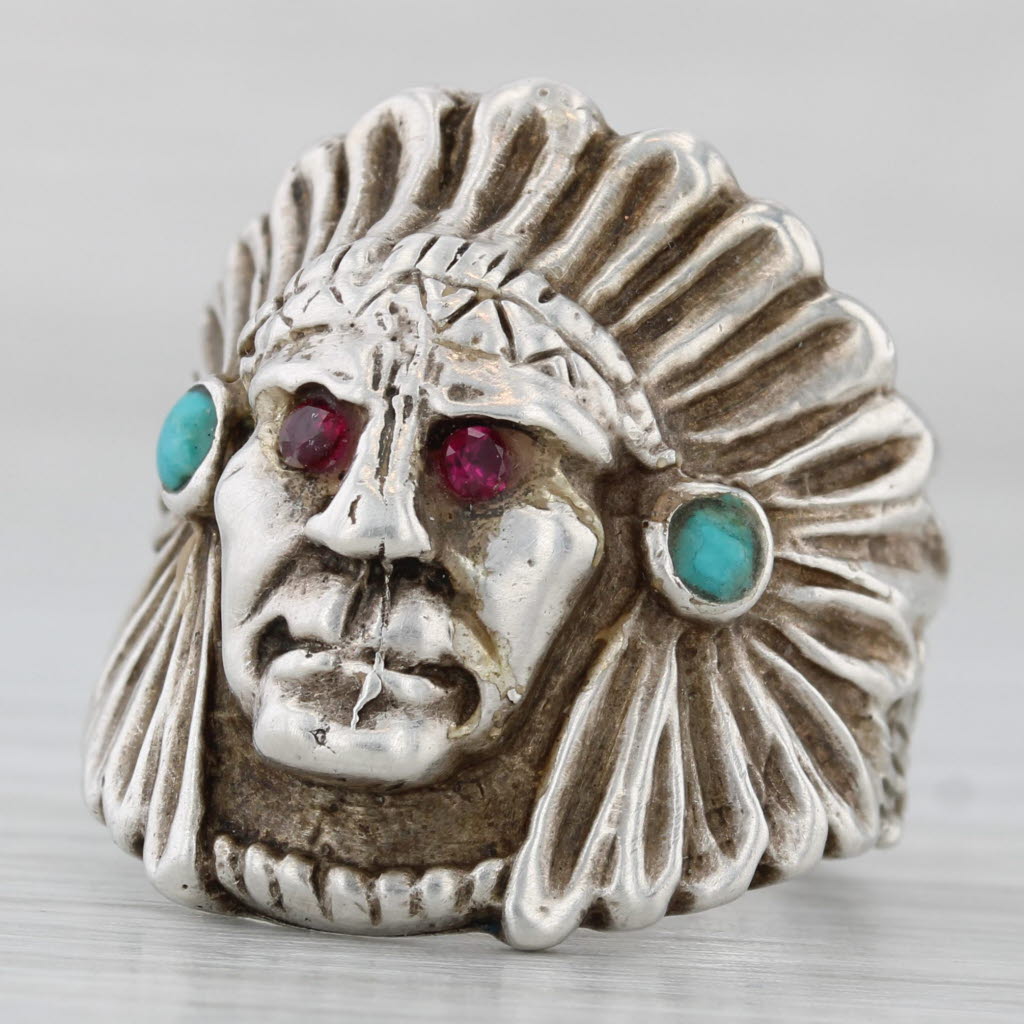 Vintage Native American Indian Chief Head Ring Sterling Silver Sz 8.25 Stones