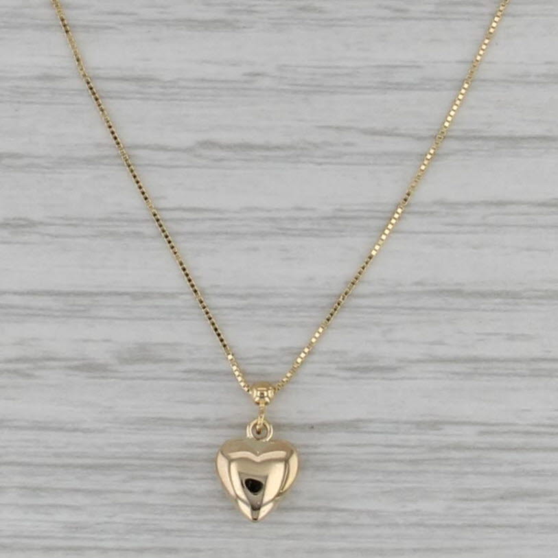 Puffy Heart Pendant Box Chain Necklace 14k Yellow Gold 16" 18"