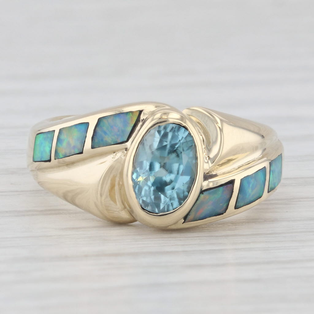 Light Gray Blue Green Opal 1.25ct Blue Zircon Ring 14k Yellow Gold Size 5.75 Bypass