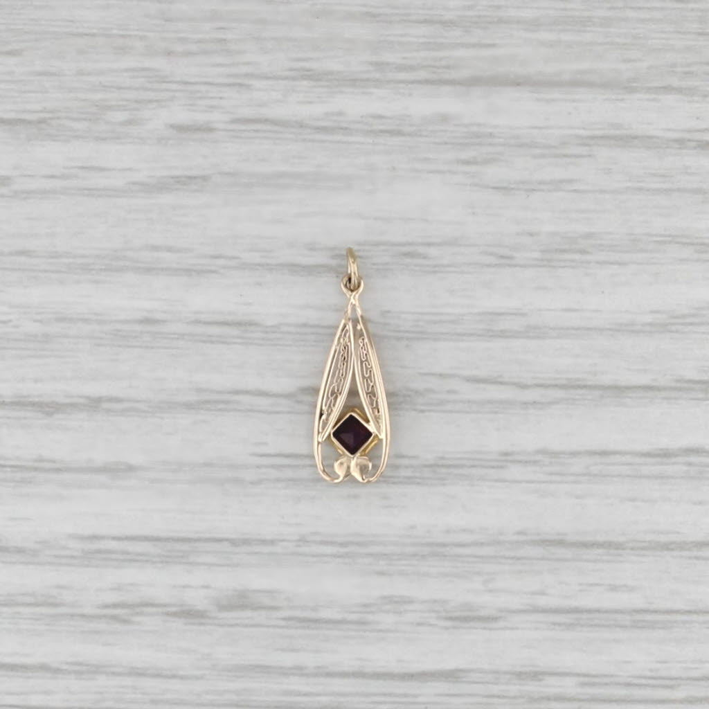 Vintage Garnet Doublet Lavalier Pendant 10k Yellow Gold Filigree Charm