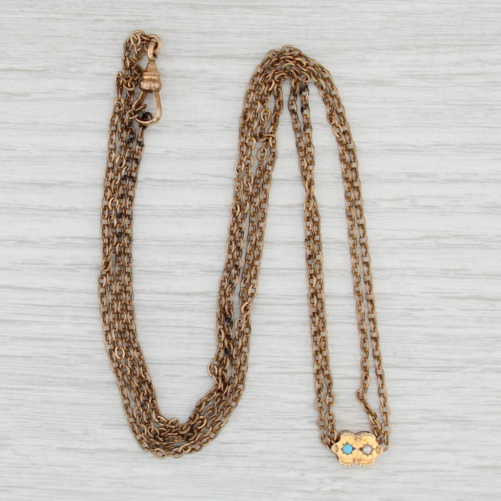 Antique Pocket Watch Chain Necklace Glass Slide Gold Filled Cable Chain 24.75"