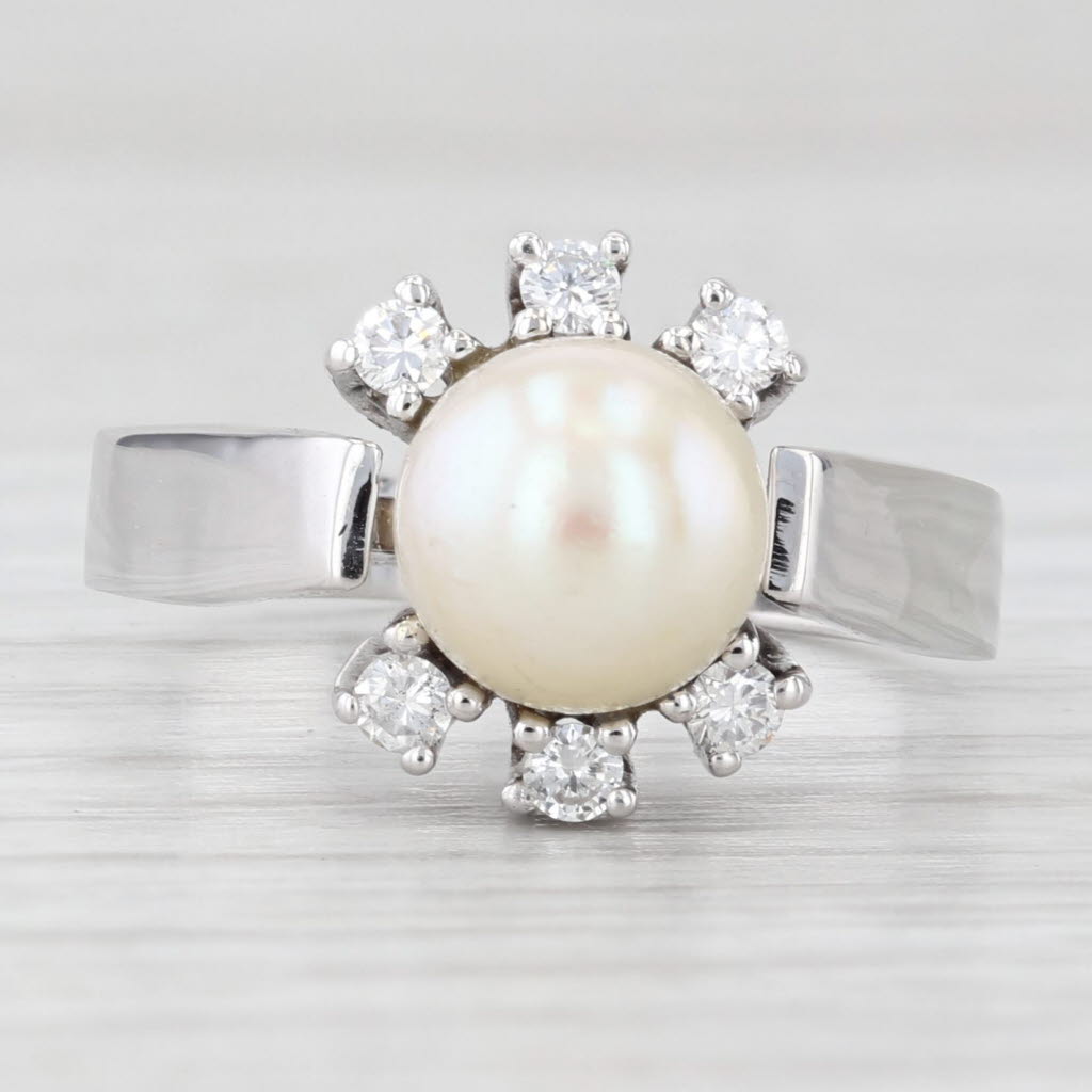 Light Gray Cultured Pearl 0.18ctw Diamond Halo Ring 18k White Gold Size 8